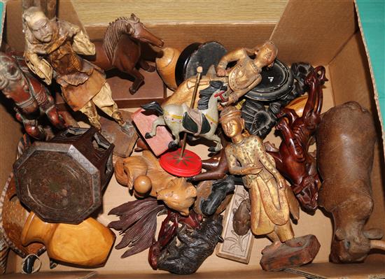 Various animal carvings, figures and hardwood elephant carvings